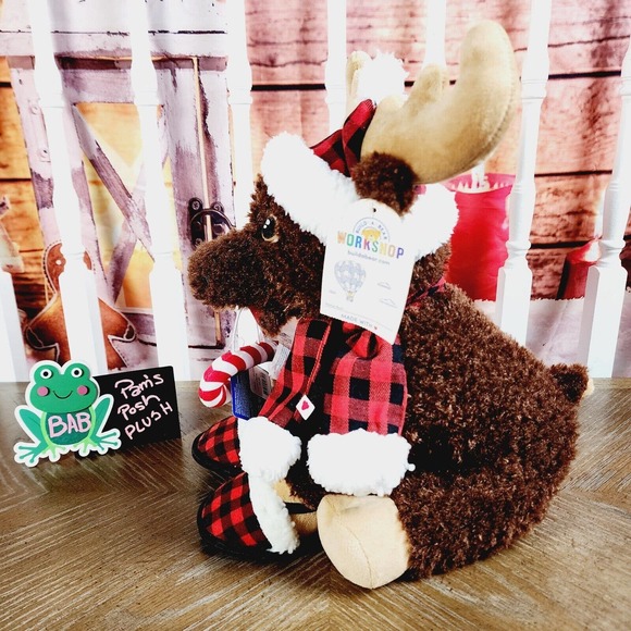 Build A Bear Chestnut Moose Christmas Plaid Scraf Hat Slippers Brown Plush NWT - Picture 3 of 11